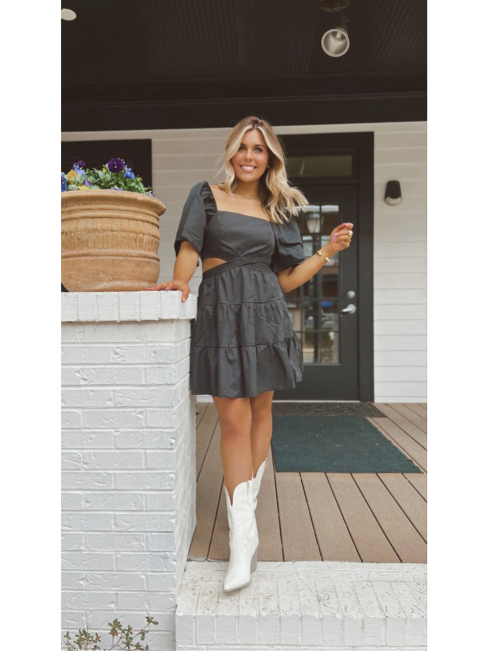 Free People Cutout Mini Dress Gray Criss Cross Waist Puff Sleeve Boho M